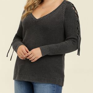 Torrid Lace-Up Cold Shoulder Knit Sweater Washed Black V-Neck Plus 5X Cotton